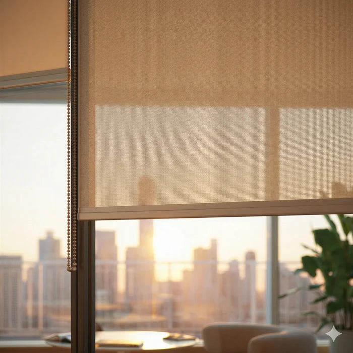 Detailed close-up of the 5 percent weave texture on a tan Sandstone ProGrade solar roller shade.