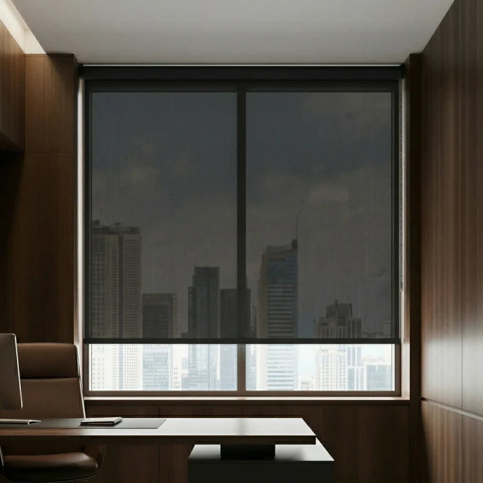 Executive office view of a black luxury ProGrade solar shade, highlighting its premium aesthetic and functionality.