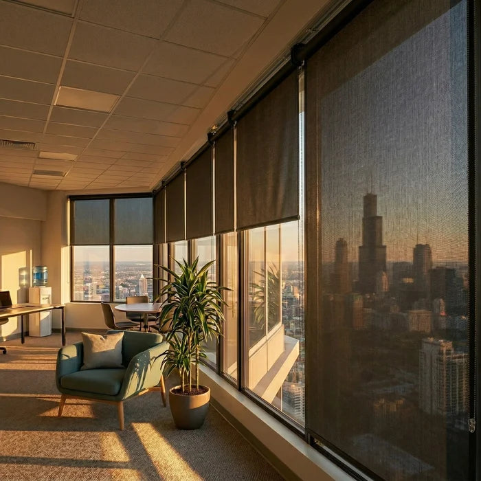 Wide-angle view of charcoal gray ProGrade solar shades in an urban office with dramatic floor-to-ceiling windows.