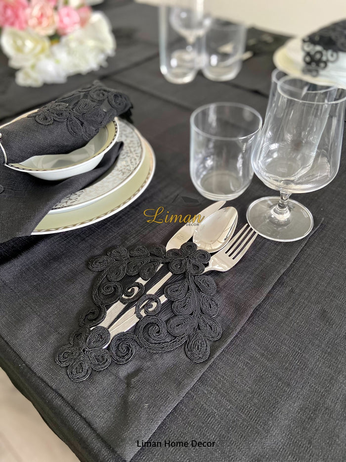 Liman Home Decor - Liman Online Sehzade Tafelkleed Set Met Placemat Zwart 34 Dlg