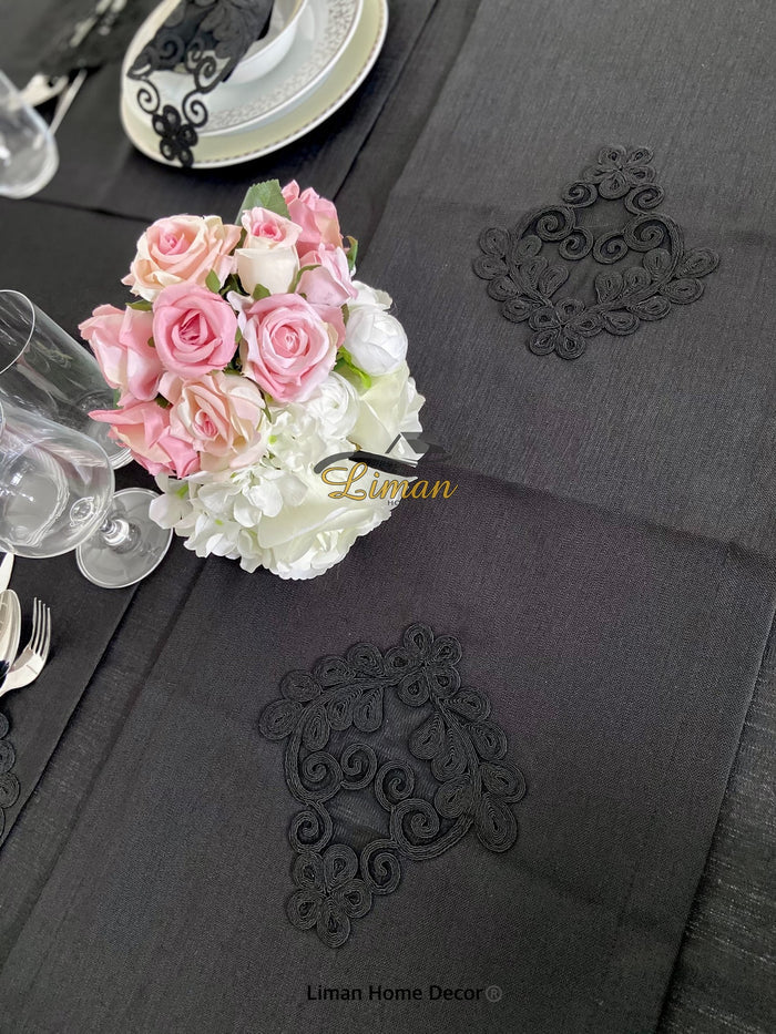 Liman Home Decor - Liman Online Sehzade Tafelkleed Set Met Placemat Zwart 34 Dlg