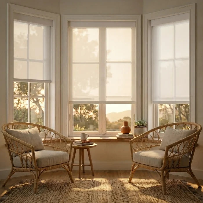 Trio of White Signature solar roller shades with 3% openness installed on a large bay window in a cozy living room nook featuring rattan armchairs and warm natural sunlight.