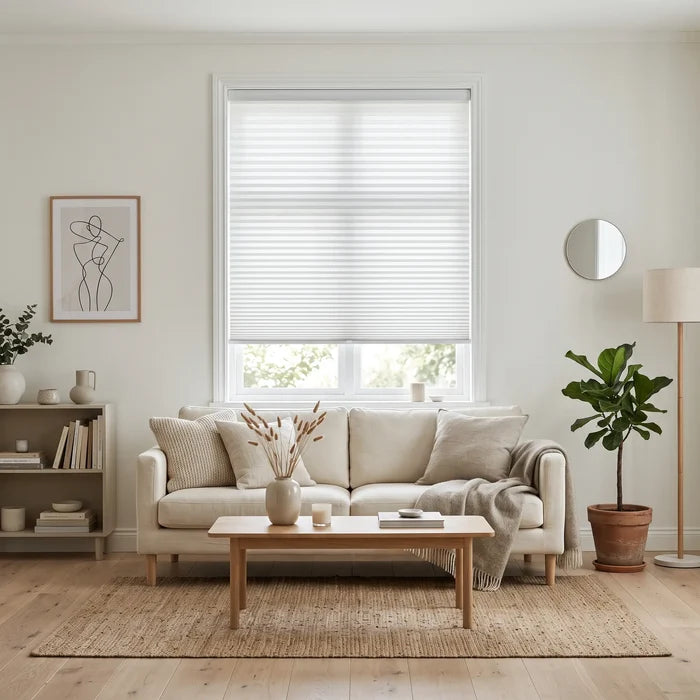 Simplistic Cordless Pleated Shades in White effortlessly complement the beige sofa and potted plants, softening the room's ambiance while allowing natural light to dance across the space.