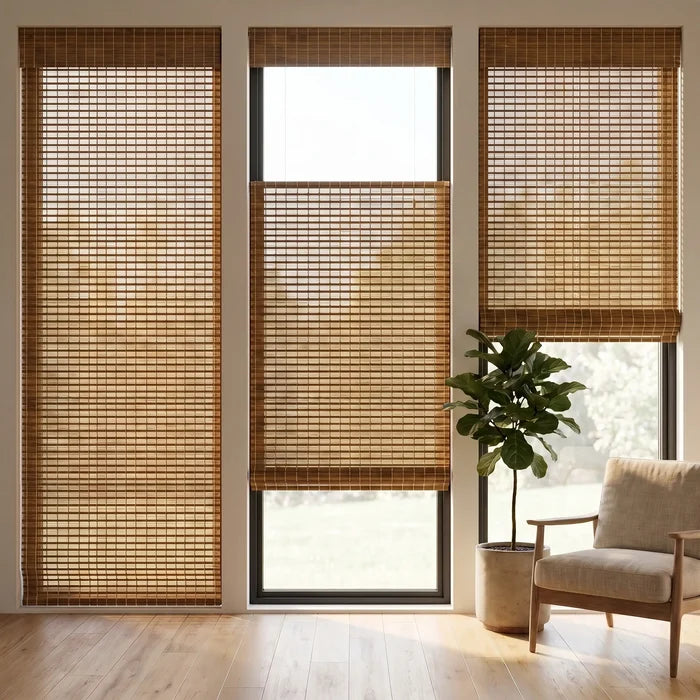 Woven Wood Cordless Top Down Bottom Up Shades effortlessly blend with wooden blinds, creating a warm and inviting atmosphere in this serene reading nook