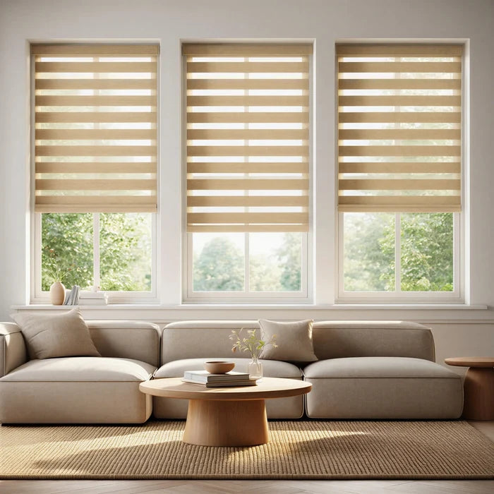 Enhance your modern living space with Zebra Room Darkening Roller Shades in tan, offering light-blocking functionality and sleek design.