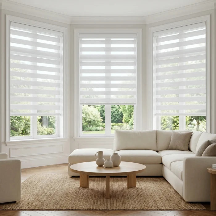 Modern living room ambiance enhanced by Zebra Solar Roller Shades' creamy white hue, filtering natural light while providing UV protection.
