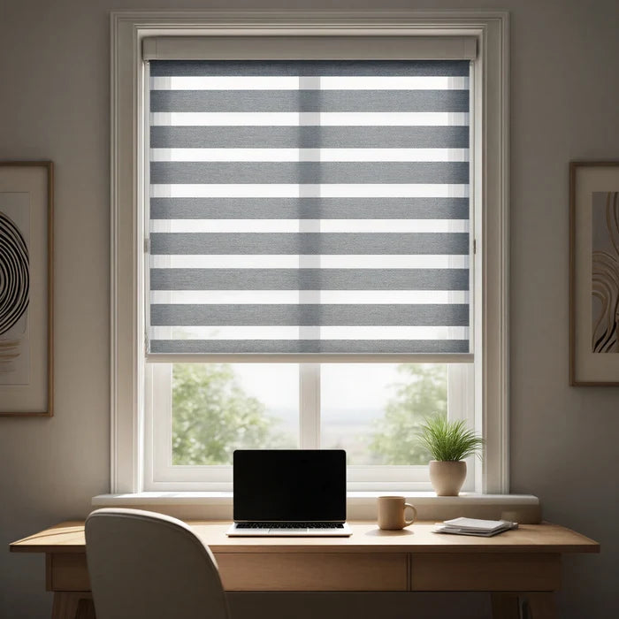 Cozy Home Office with Zebra Solar Roller Shades, providing elegant gray and white striped decor and UV protection for your eyes