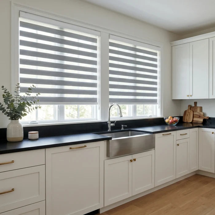 Elevate your modern kitchen with Zebra Solar Roller Shades in sleek Gray, offering UV protection and seamless window treatments.