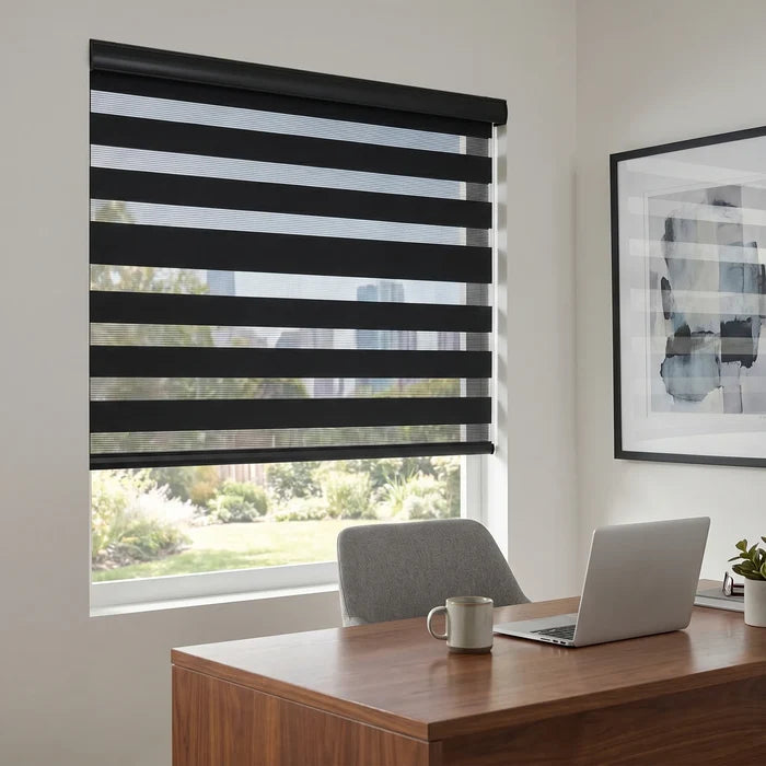 Modern office ambiance with Zebra Solar Roller Shades' charcoal stripes, filtering natural light while maintaining privacy and providing UV protection for a comfortable work environment.